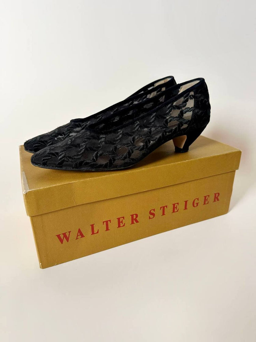 Ballerine vintage Walter Steiger in rete nera ricamata