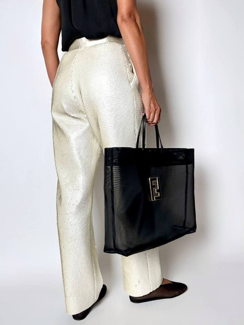 Vintage cream sequin-embroidered palazzo pants
