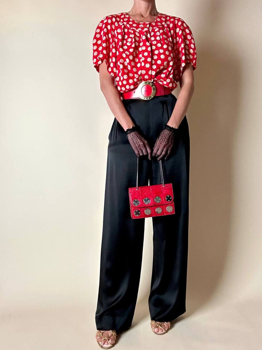 Mini abito rosso in seta jacquard a pois con fusciacca in coordinato “Fendi”
