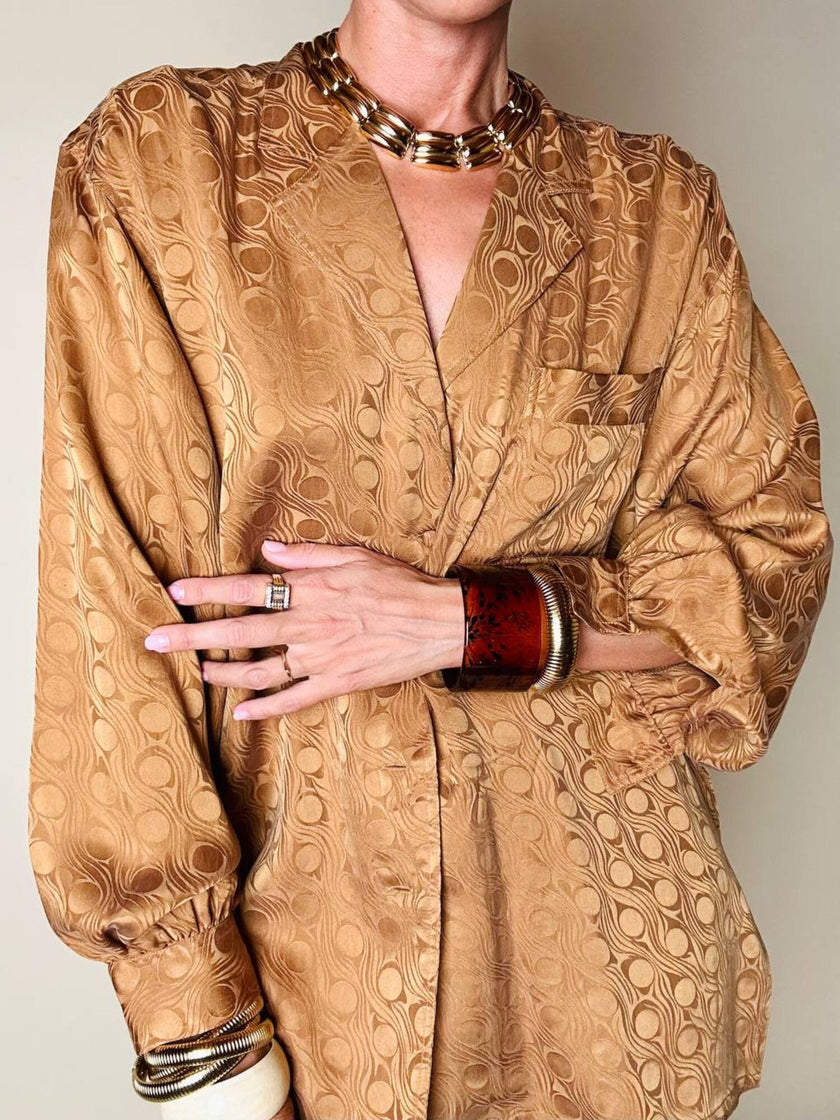 Camicia oversize in pura seta jacquard color caramello Griff