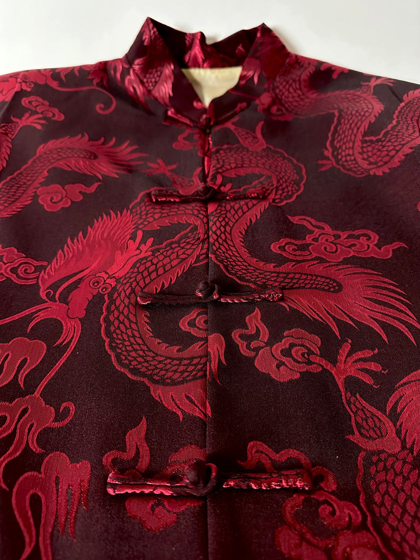 Giacca vintage in tessuto jacquard bordeaux con draghi cinesi e alamari