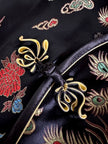 Qipao vintage in raso jacquard nero fantasia orientale con draghi e fenici