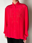 Camicia vintage in pura seta rossa con ricamo a mano