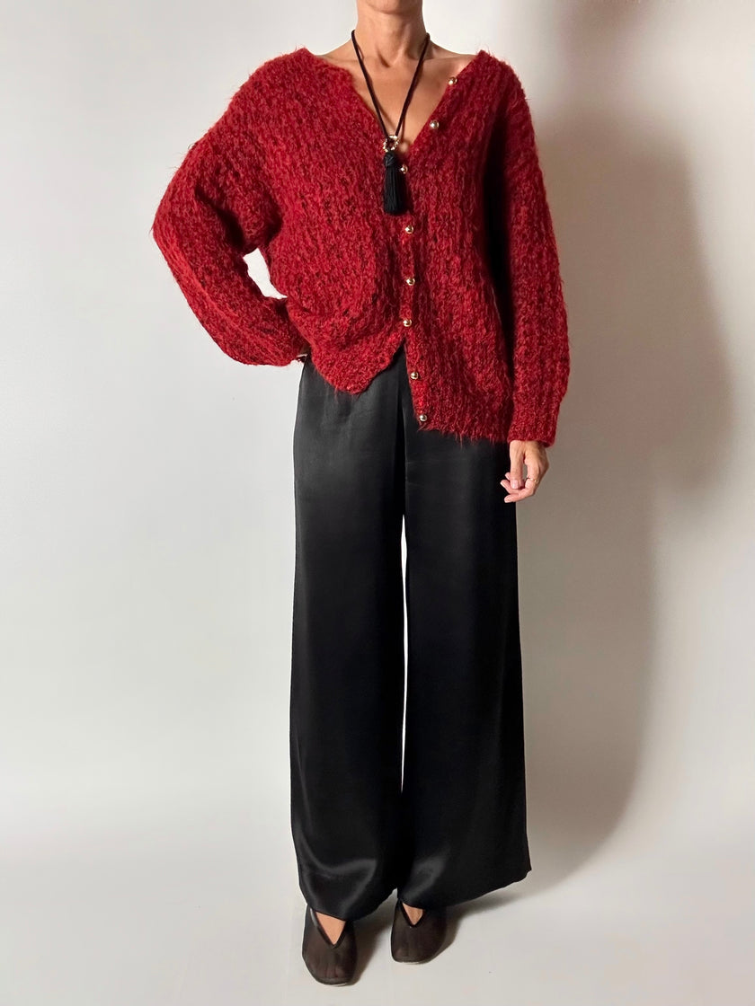 Cardigan vintage fatto a mano in lana mélange rossa e nera con bottoni dorati