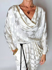 Jumpsuit vintage Spengler Mode in viscosa jacquard avorio con scollo drappeggiato