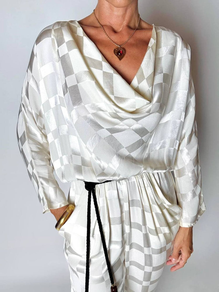Jumpsuit vintage Spengler Mode in viscosa jacquard avorio con scollo drappeggiato