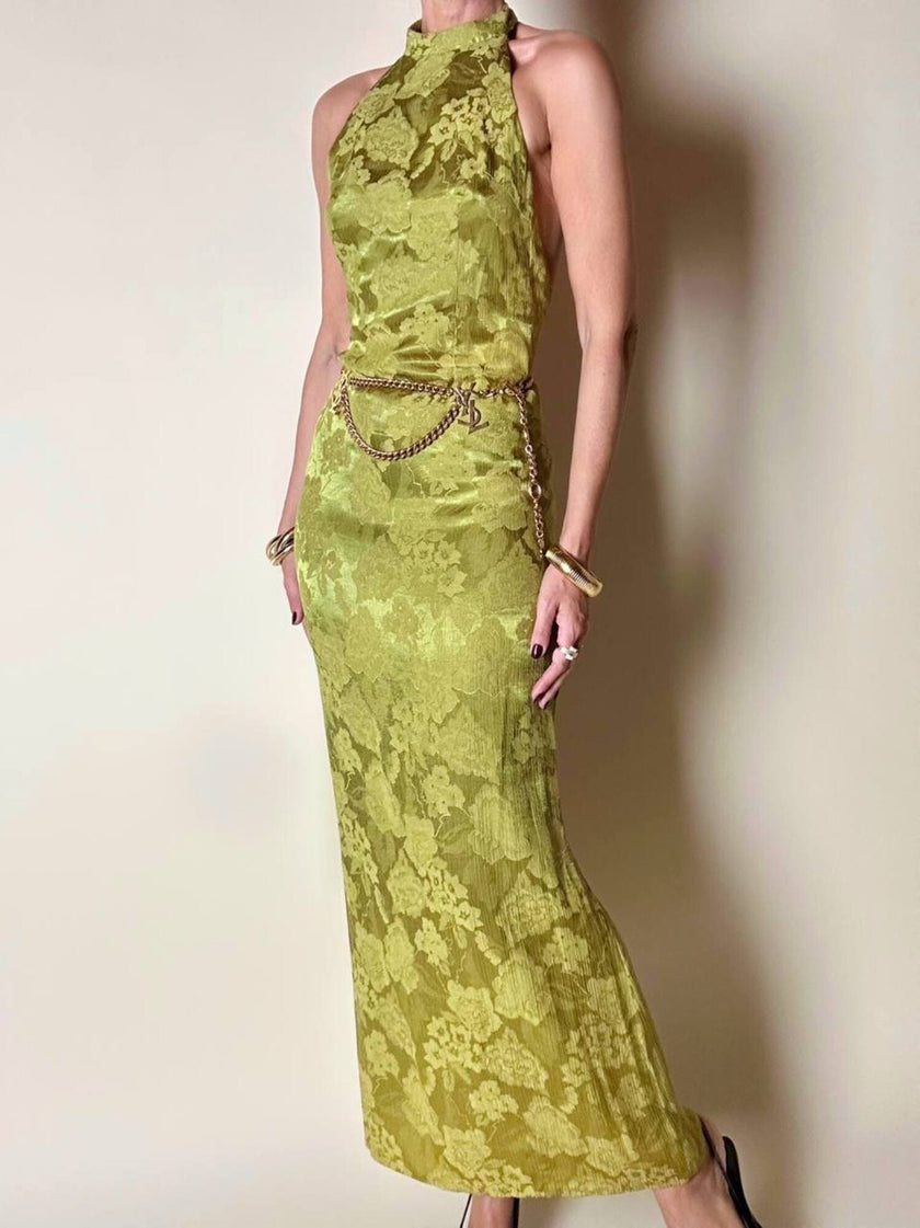 Abito vintage sartoriale con scollo all’americana in seta jacquard verde acido fantasia floreale