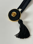 Cintura vintage Nina Ricci Paris in passamaneria elastica nera con fibbia gioiello e nappa couture