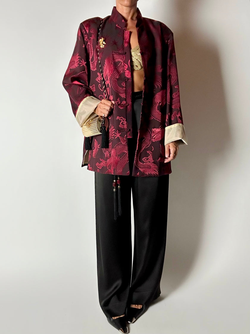Giacca vintage in tessuto jacquard bordeaux con draghi cinesi e alamari