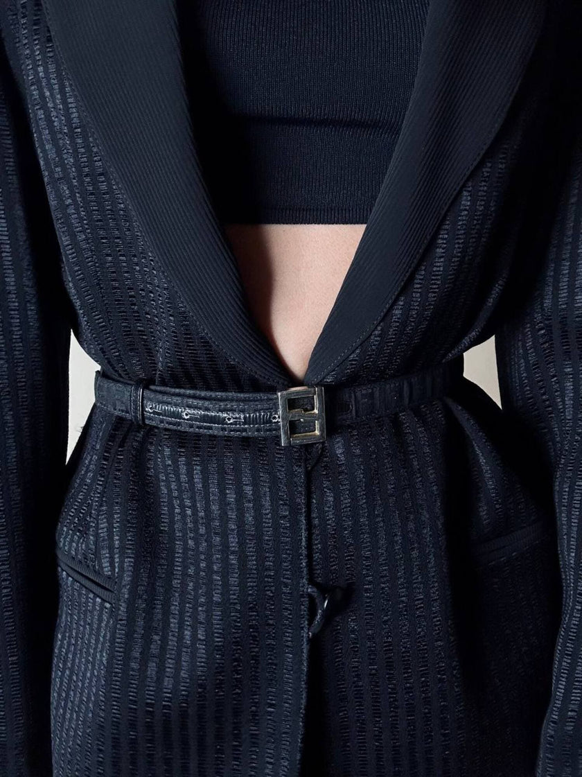 Cintura vintage Fendi in tessuto jacquard nero con loghi allover e fibbia logo