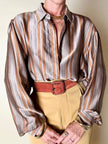 Camicia in raso di seta a righe verticali tortora e caramello Castle Bologna