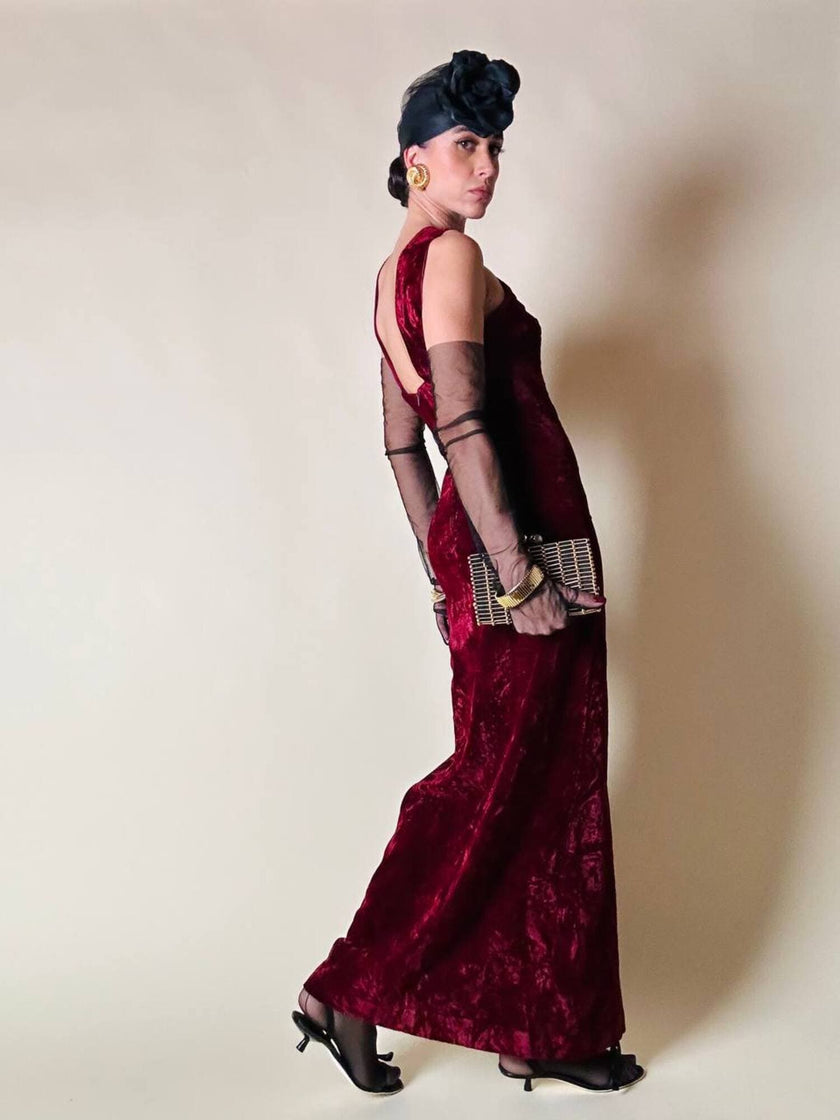 Abito lungo in velluto bordeaux “Evening Chic by Nancy Bracoloni”