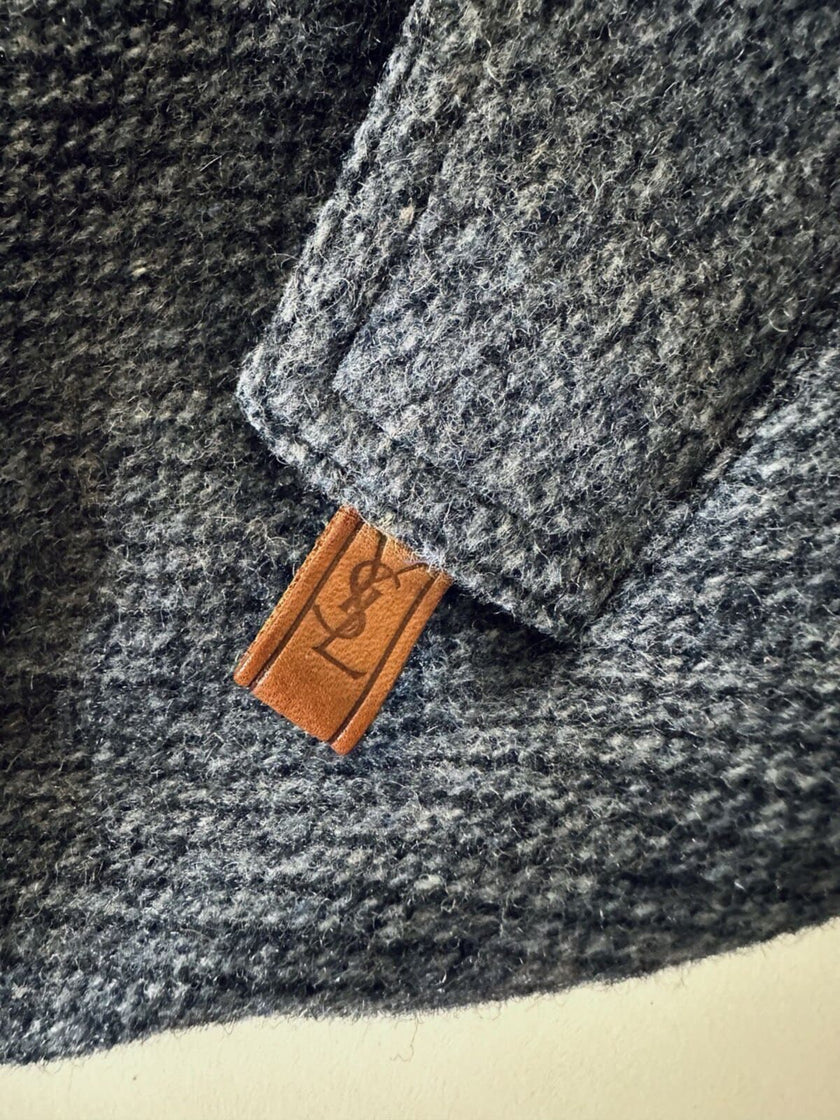 Bomber Yves Saint Laurent in lana grigio mélange con bottoni color cuoio