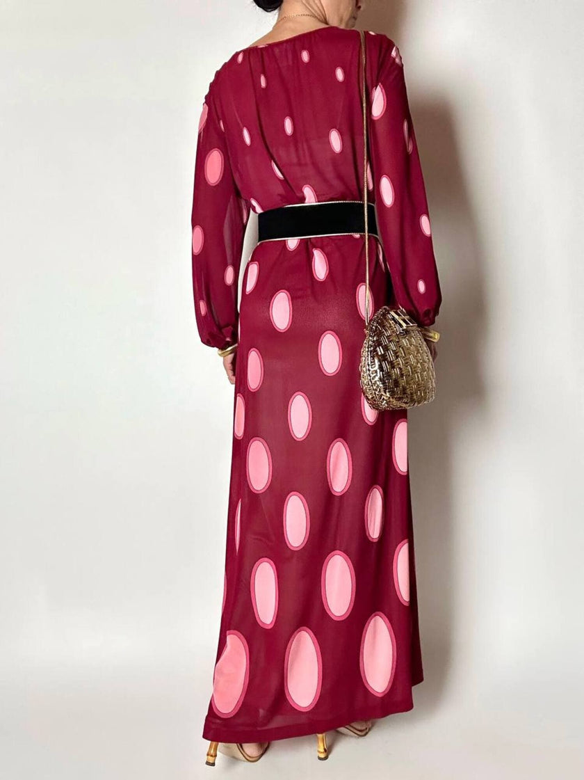 Maxi abito vintage Gottex in cpêpe amarena con maxi pois irregolari rosa