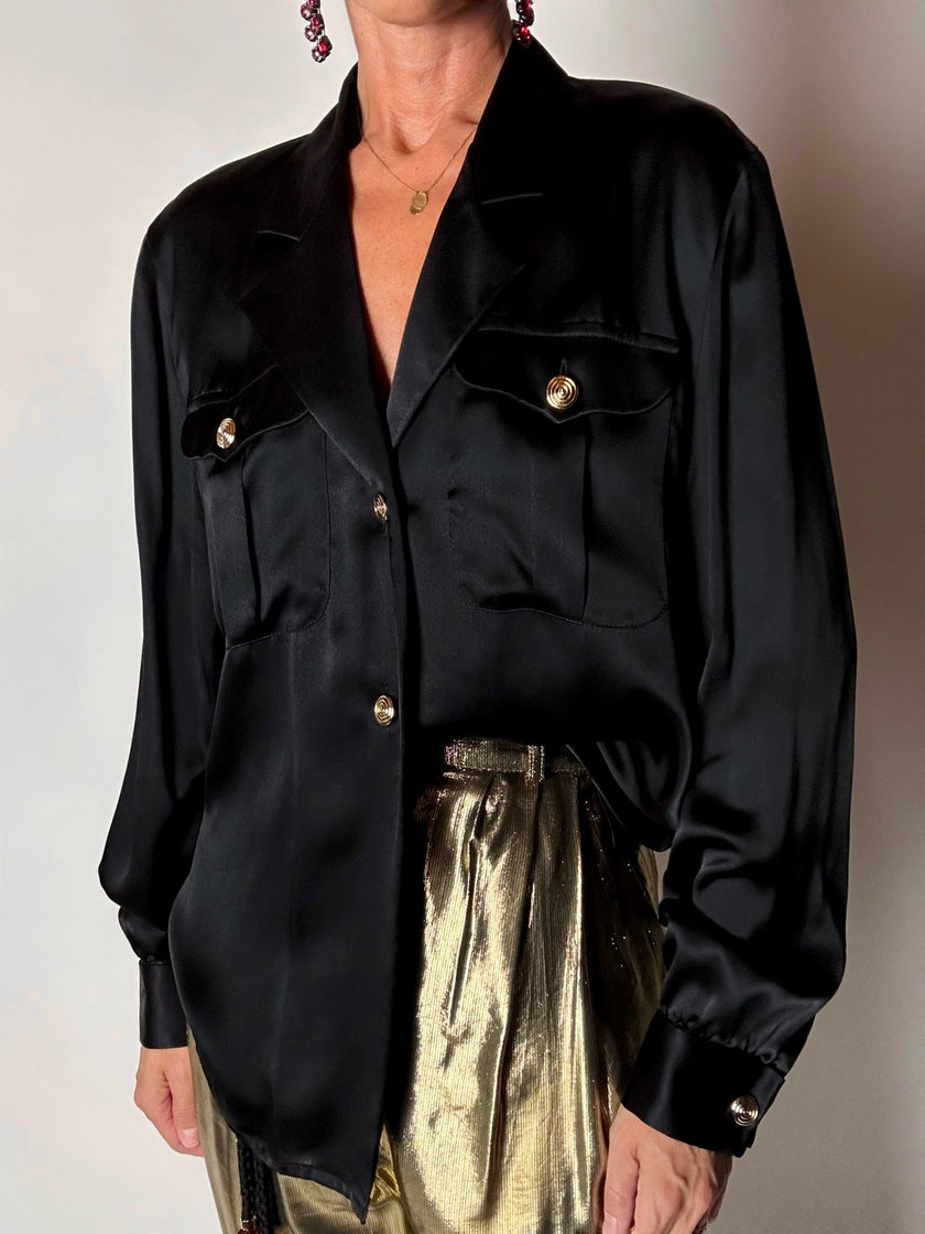 Camicia vintage Padovanelle in raso di seta nero con bottoni gioiello dorati