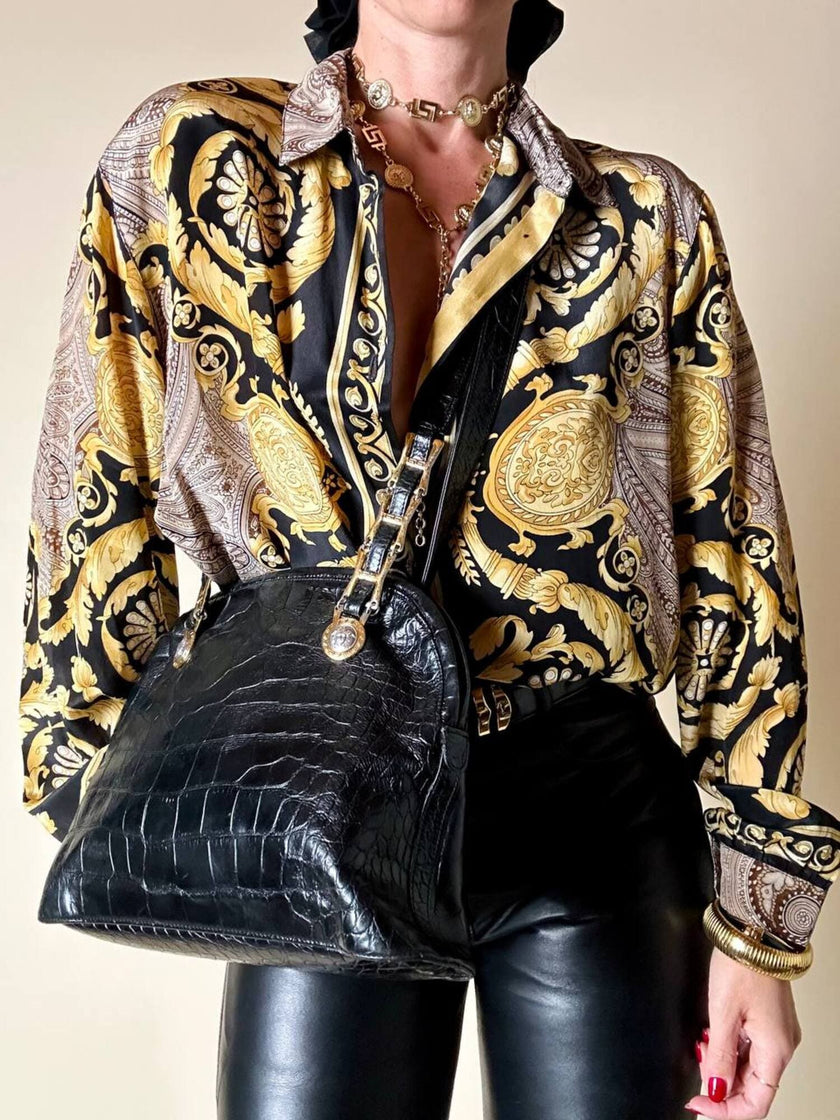 Borsa nera in pelle stampa coccodrillo “Gianni Versace”