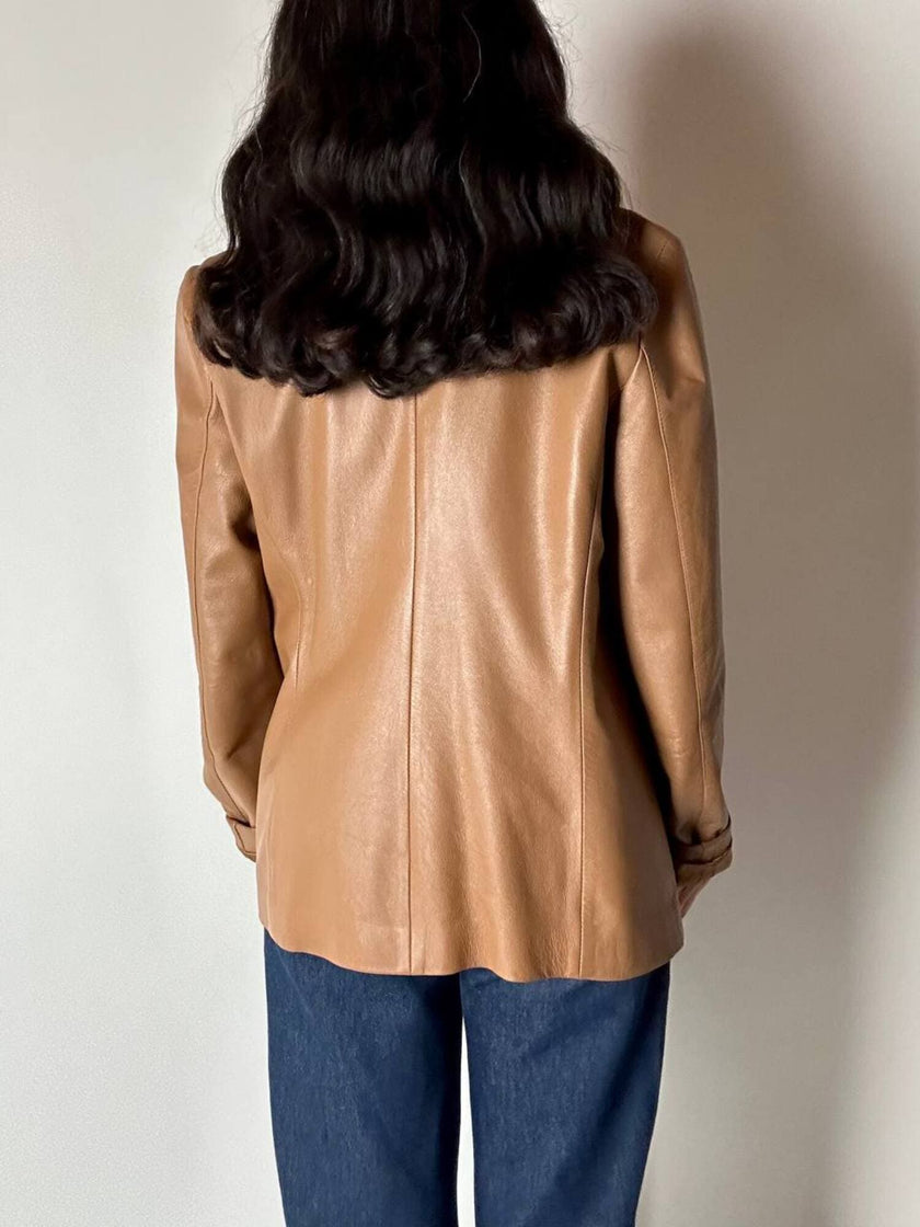 Vintage tan leather jacket with hand-stitched detailing by Claude Collections