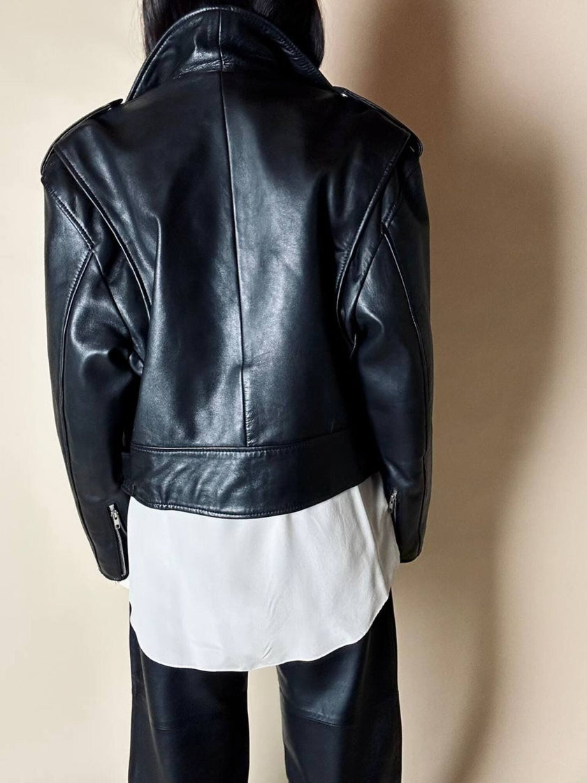 Giacca biker vintage in pregiata pelle nera con fodera trapuntata