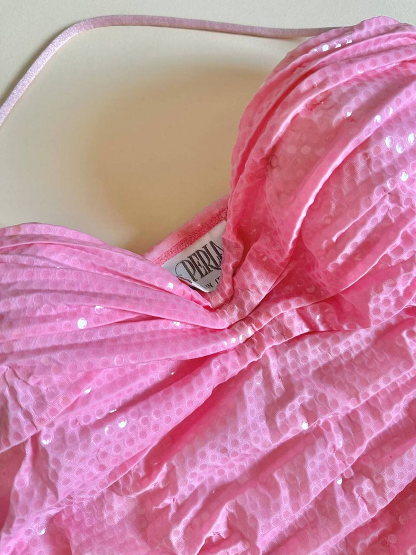 Mini dress rosa in tessuto stretch con micro paillettes trasparenti termo-adesive “La Perla”