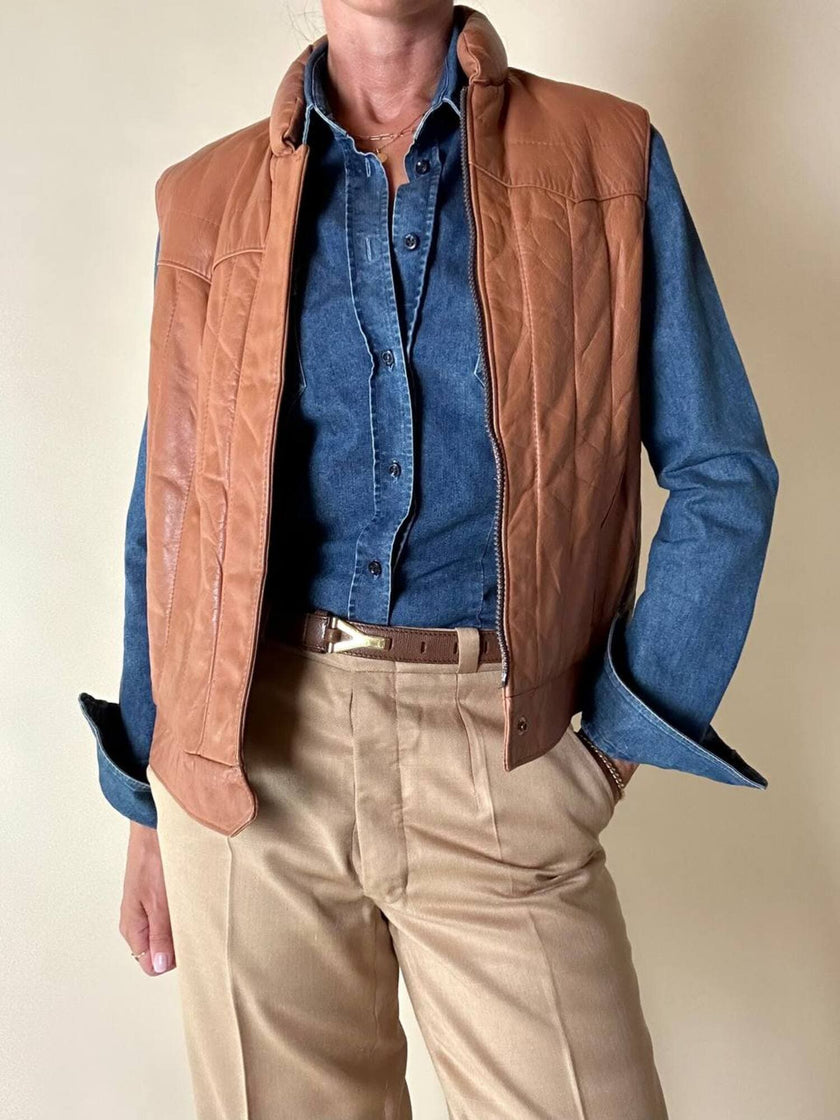 Gilet in pelle Frye color cuoio con impunture verticali