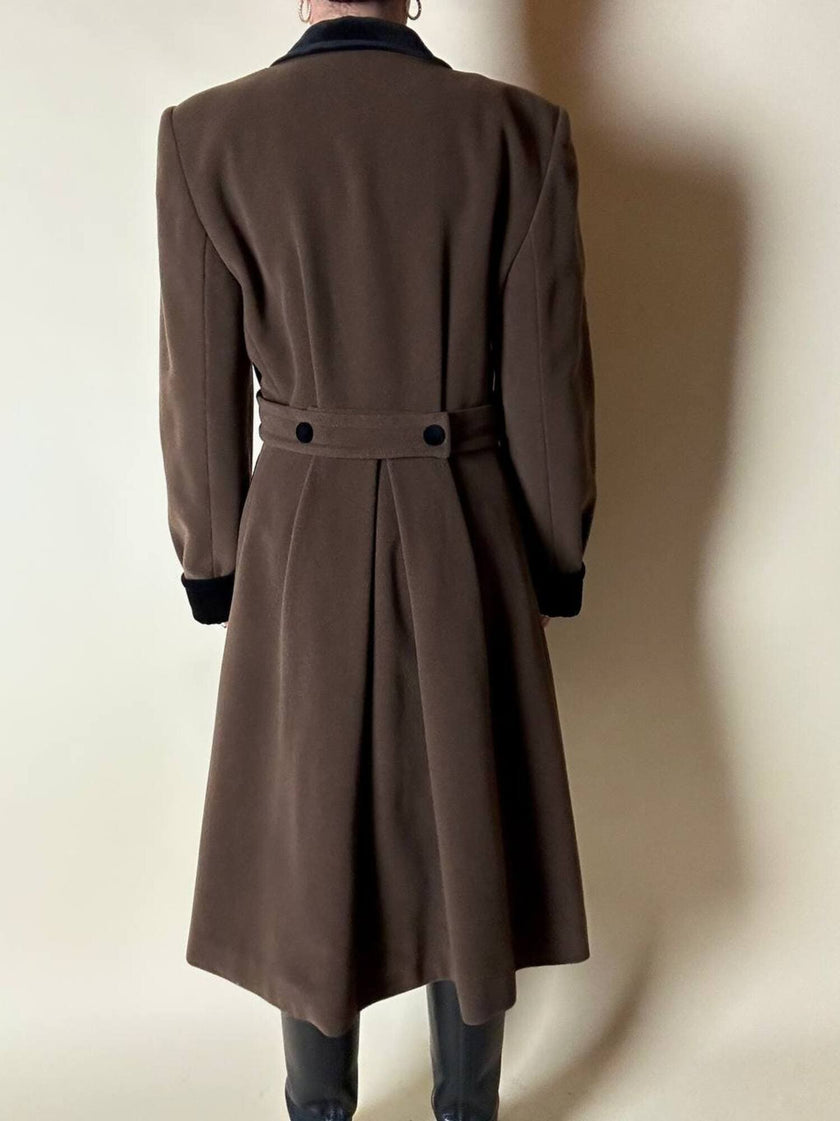 Alex & Tris green-brown wool double-breasted coat with martingale and black velvet trim