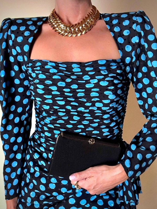 Abito in seta Ungaro Parallèle nero a pois celesti con fiocco laterale