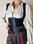Pantalone a vita alta in lana jacquard a righe verticali con cinturini in pelle nera