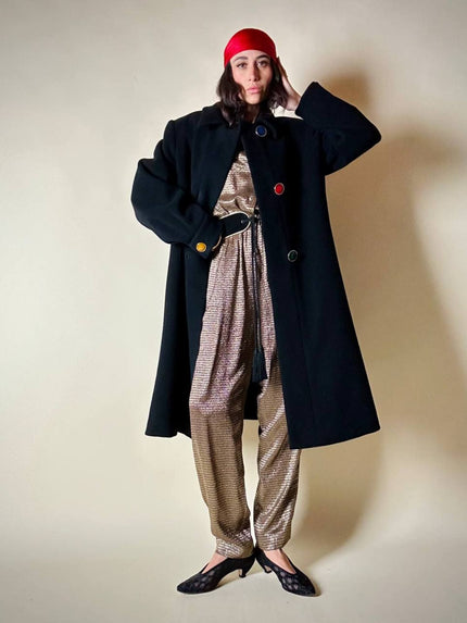 Cappotto nero con maxi bottoni gioiello multicolor “Yves Saint Laurent”