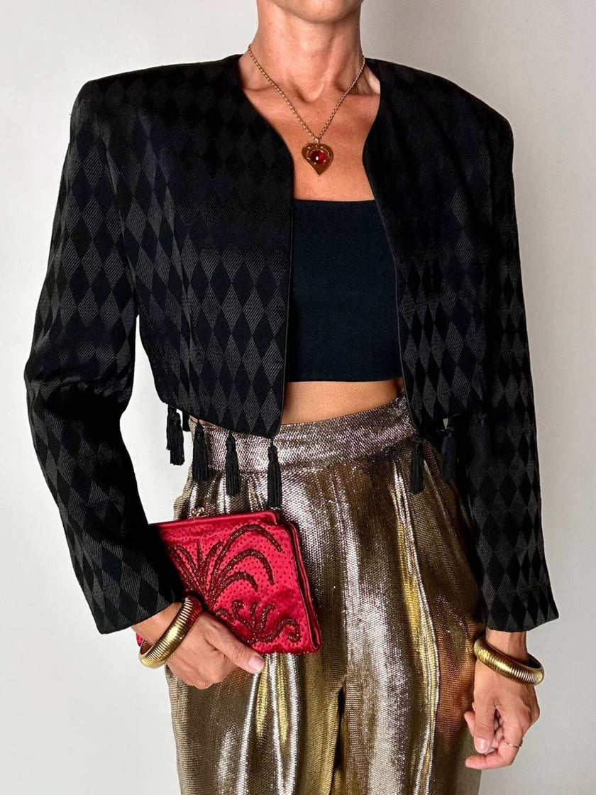 Spencer vintage Louis Féraud in tessuto jacquard nero operato a losanghe e nappine