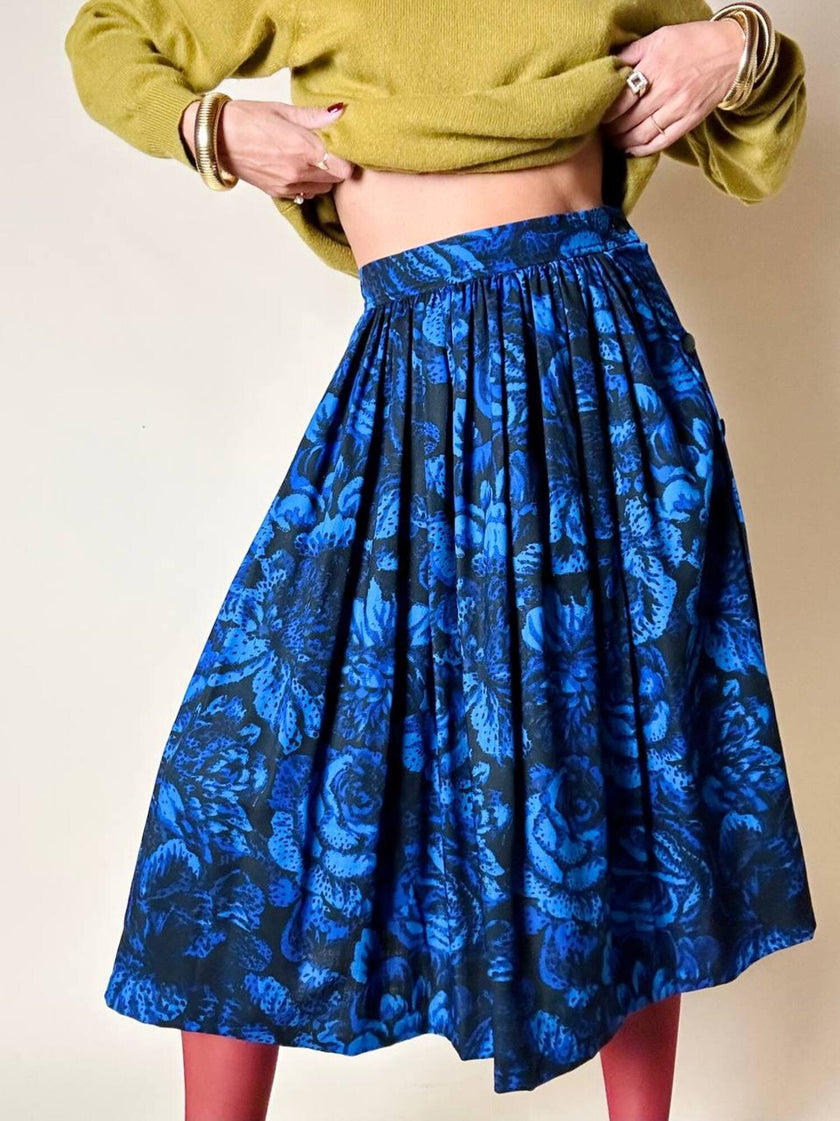 Gonna a ruota Yves Saint Laurent Variation in lana blu elettrico con fantasia floreale nera