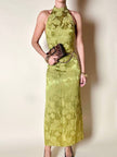 Abito vintage sartoriale con scollo all’americana in seta jacquard verde acido fantasia floreale