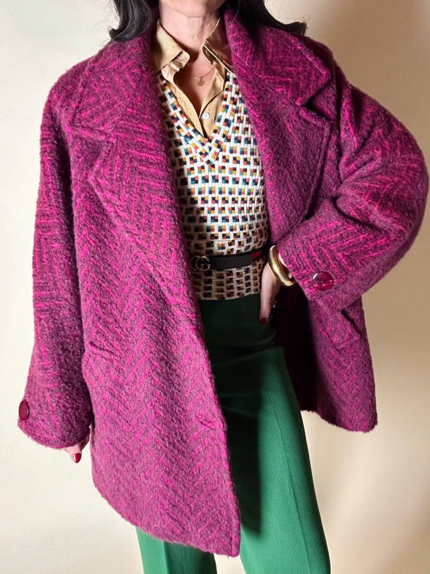 Capottino vintage spinato in tweed di lana e mohair magenta e prugna