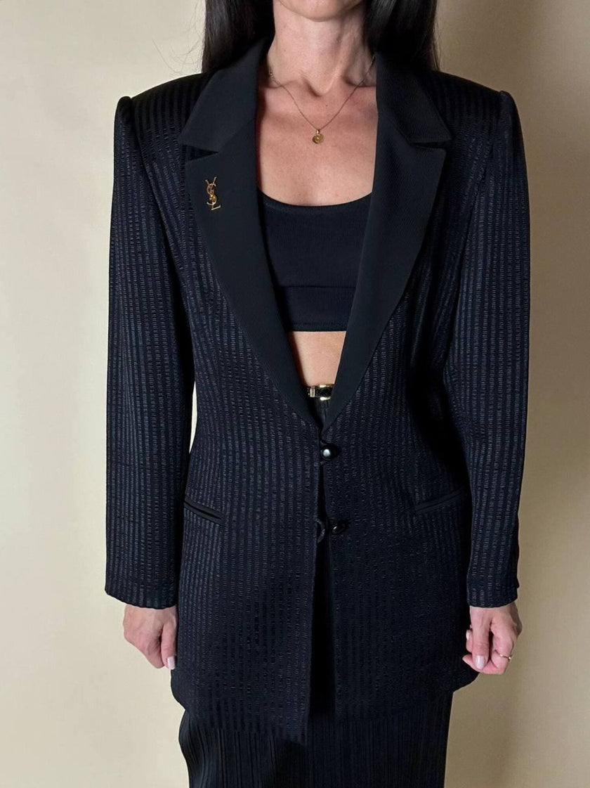 Blazer vintage State of Claude Montana in tessuto jacquard nero bacchettato