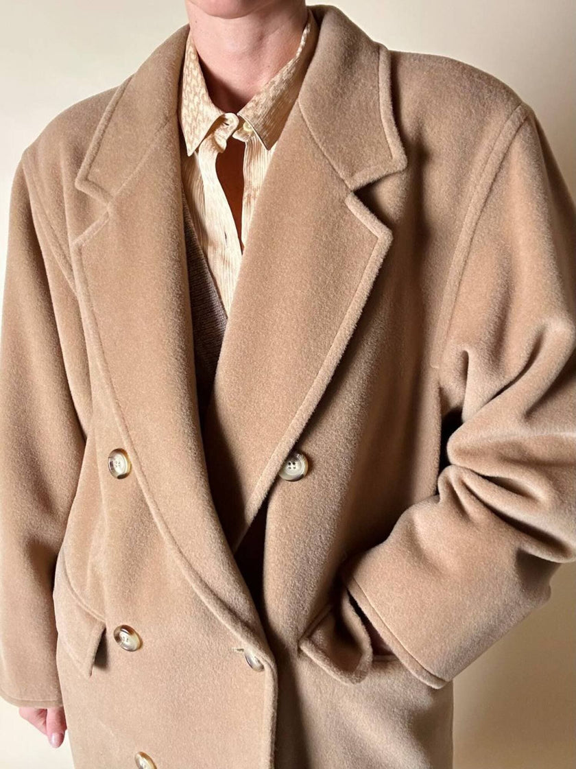 Cappotto doppiopetto Max Mara vintage in lana cammello chiaro