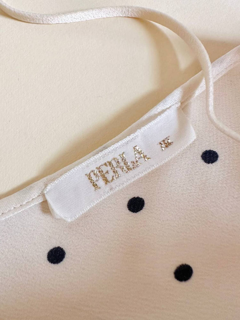 Slip dress in seta avorio a pois neri con corpetto lavorato “La Perla”