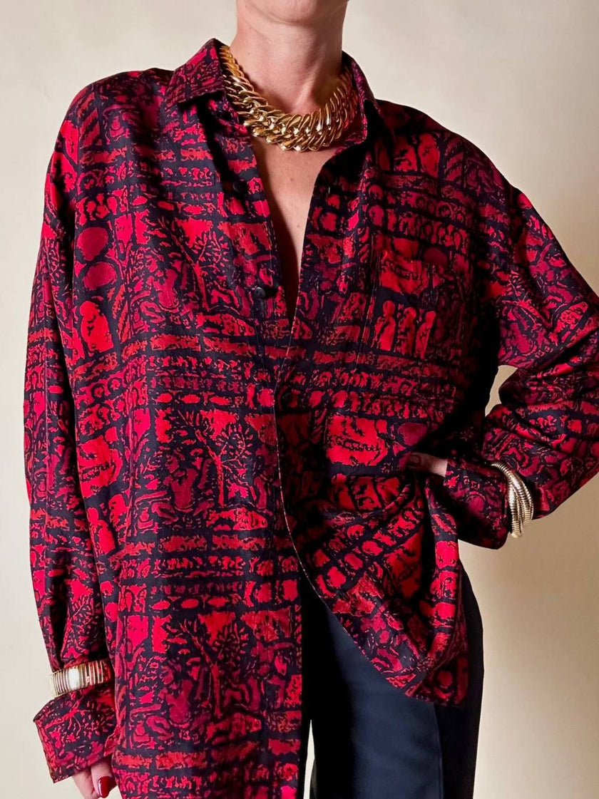Camicia rossa e nera fantasia etnica in seta thai