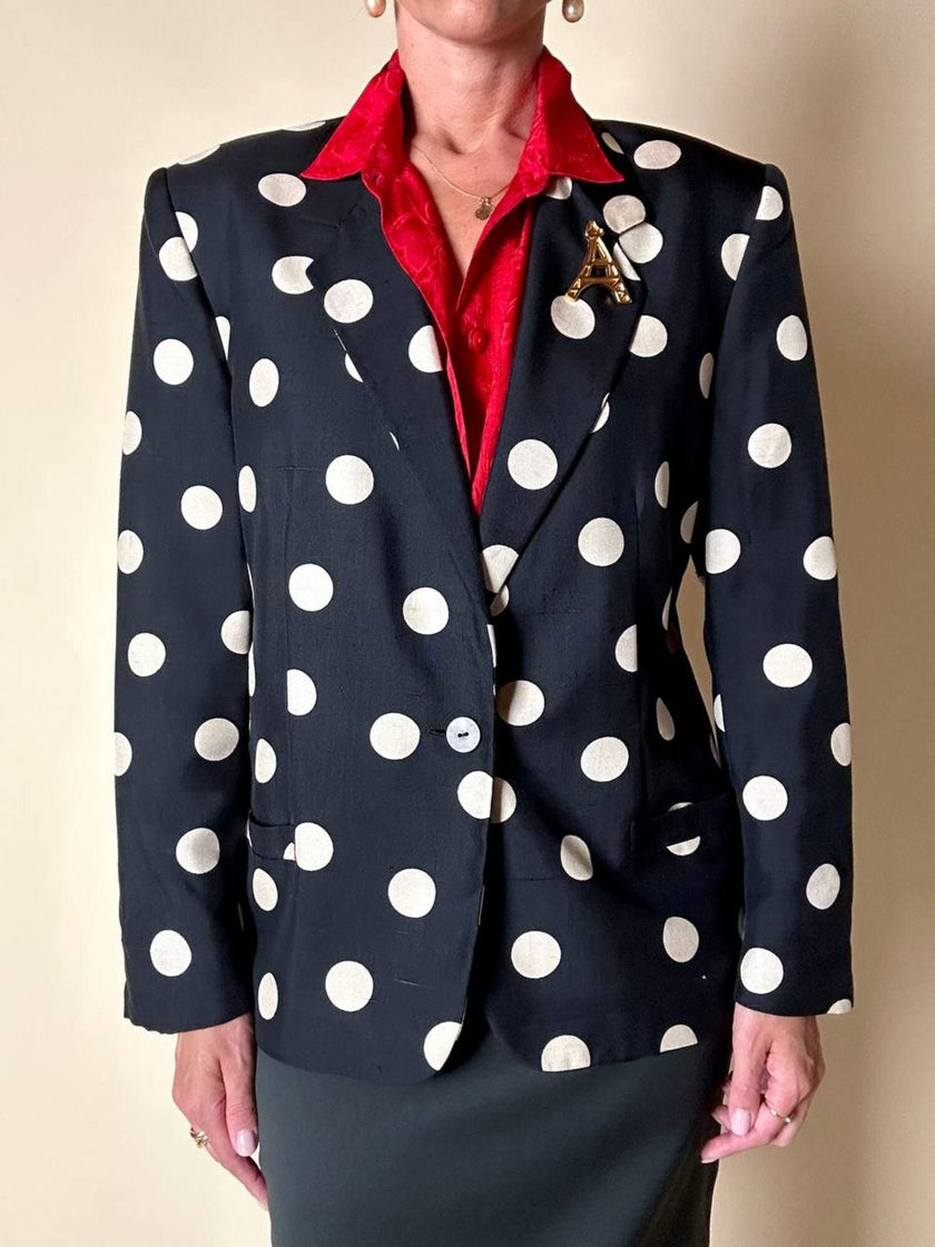 Blazer in seta nera a grandi pois color panna “Genny”