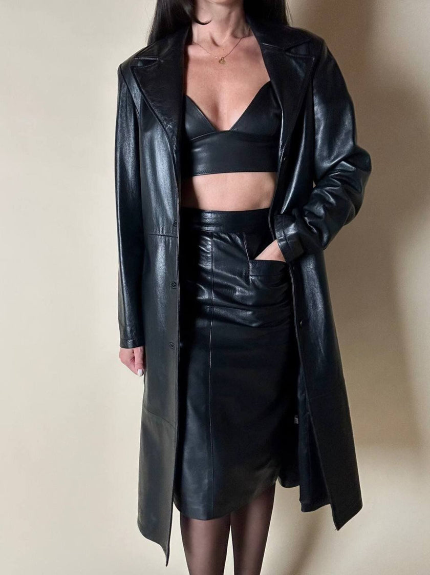 Cappotto/Robe Manteau vintage in pelle nera con spacco posteriore The Bomb
