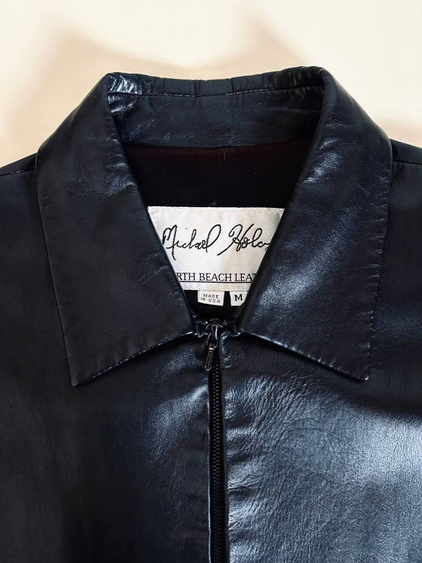 Giacca vintage in pelle nera con zip Michael Hoban North Beach Leather