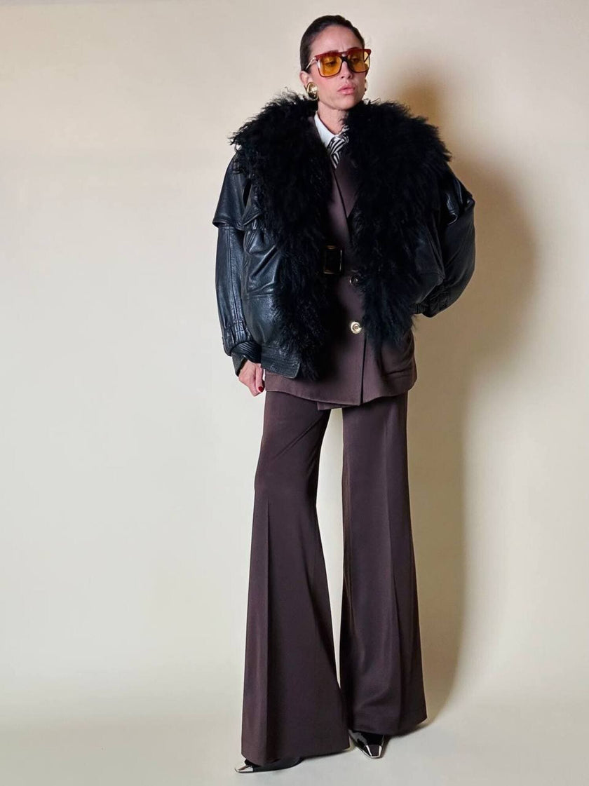 Blazer doppiopetto in lana color cioccolato “Yves Saint Laurent” con pantalone abbinato