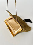 Borsa vintage Art Déco in lamé oro intrecciato con chiusura gioiello e nappa couture