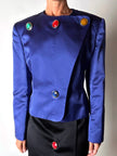 Vintage-Jacke von Yves Saint Laurent aus kobaltblauem Satin mit mehrfarbigen Schmuckknöpfen