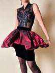 Minigonna in velluto nero con maxi ruches in taffetà bordeaux “Gabriella Ceroni”