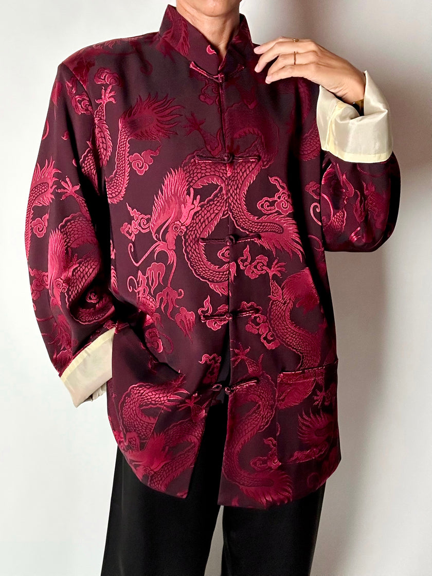 Giacca vintage in tessuto jacquard bordeaux con draghi cinesi e alamari