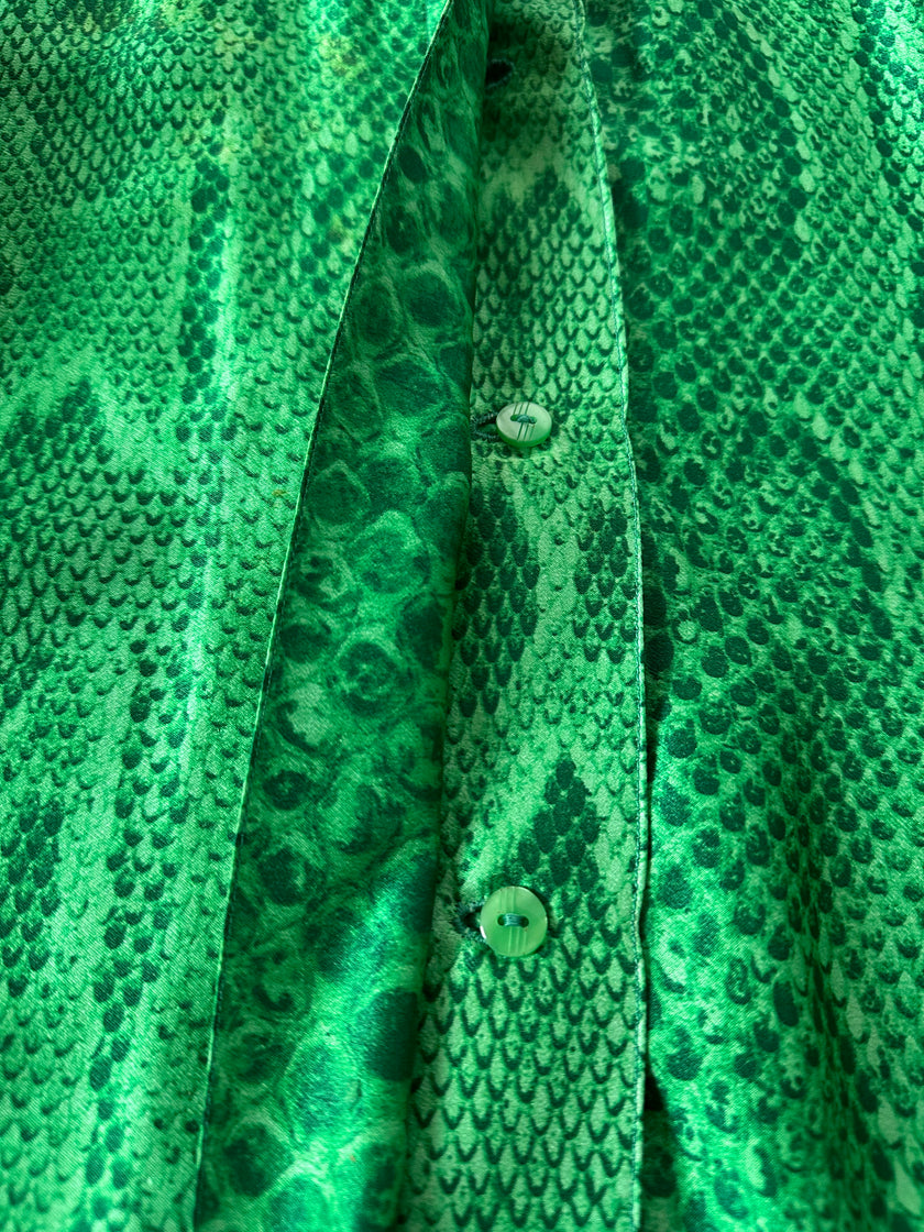 Camicia vintage sartoriale in raso di seta stampa pitone verde smeraldo