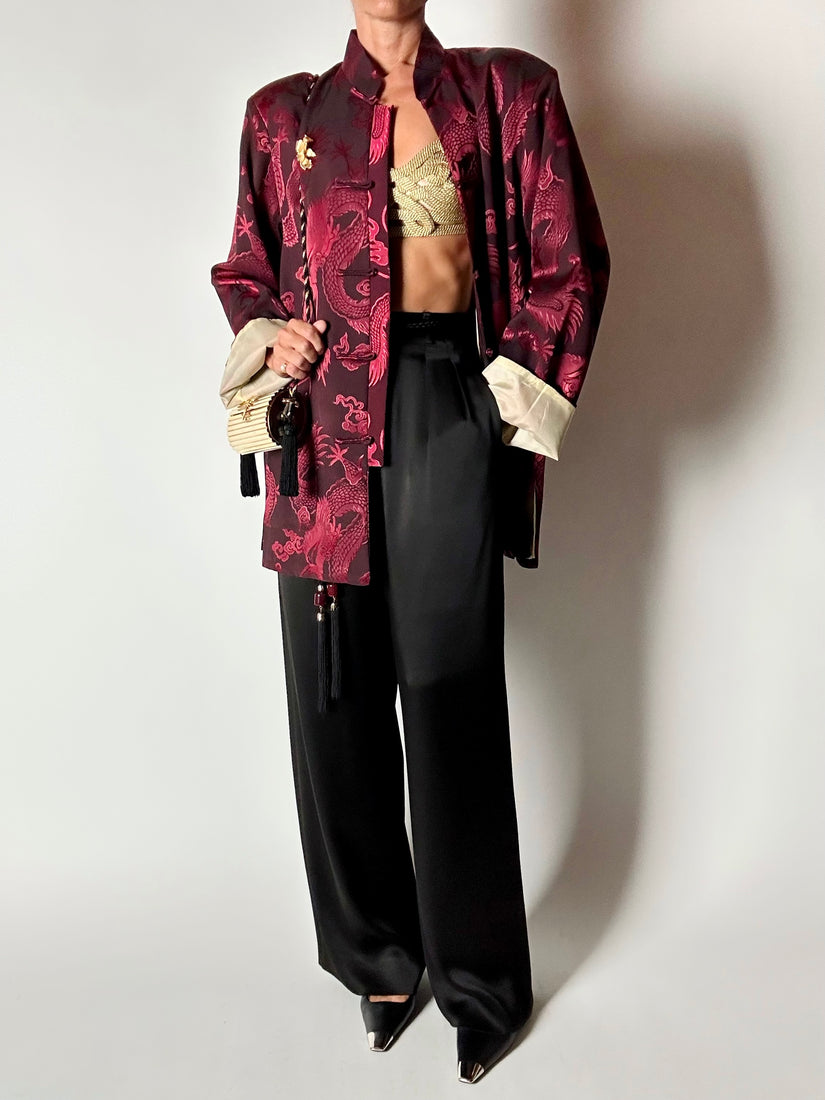 Giacca vintage in tessuto jacquard bordeaux con draghi cinesi e alamari