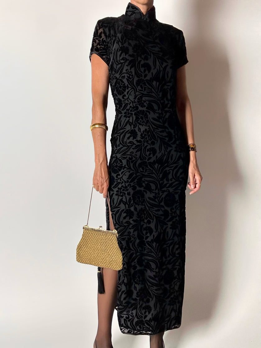 Abito qipao vintage in velluto di seta dévoré con alamari
