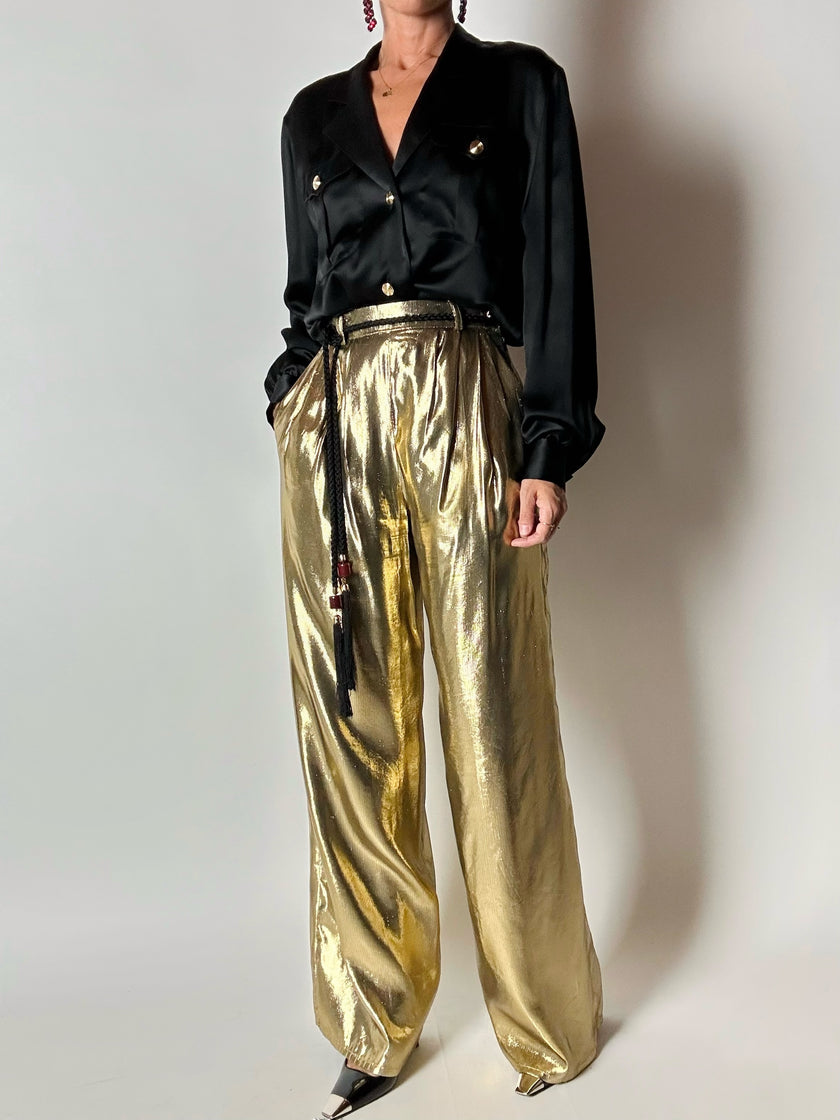 Pantalone vintage Yves Saint Laurent Rive Gauche a palazzo in seta lamé oro