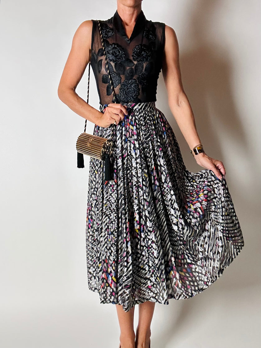 Gonna vintage in seta jacquard operata con lamé  argento – Tessuto Gianni Versace