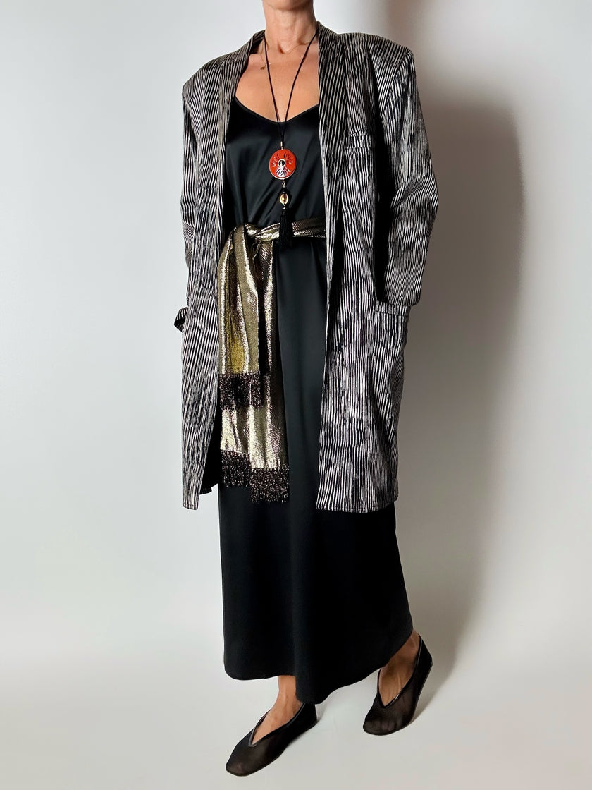 Blazer vintage Gianni Versace in seta goffrata a righe nere e avorio